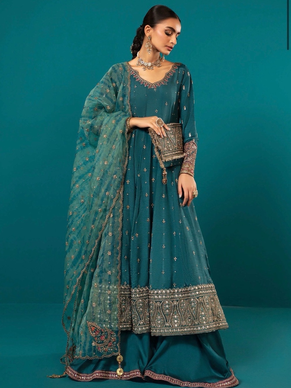 Maria B Embroidered Anarkali 3 Piece Set | Pakistani Formal Wedding Wear | Teal